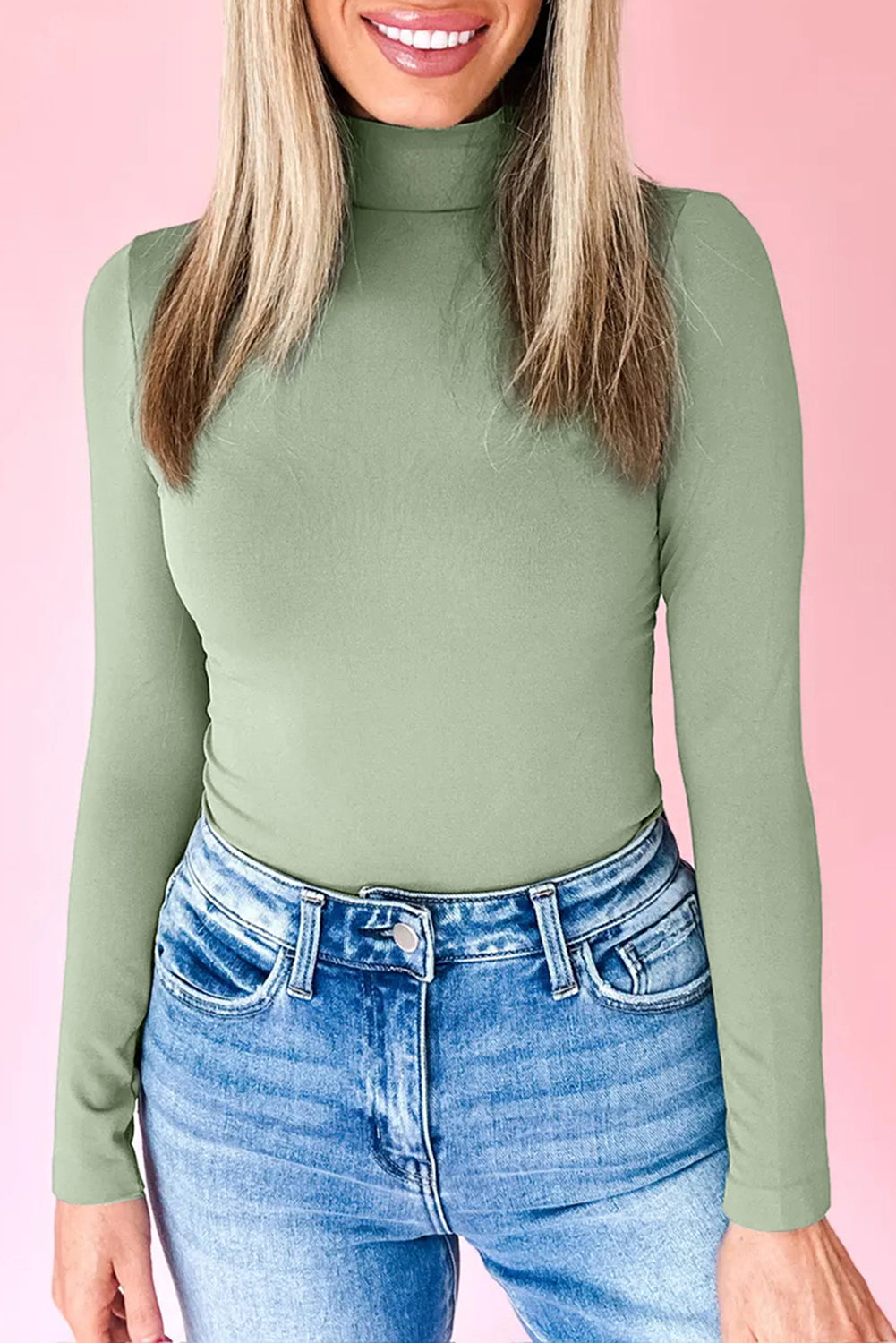 Coffee Slim Fit High Neck Long Sleeve Basic Top Green Bay 93%Viscose+7%Elastane 951093817812ec32