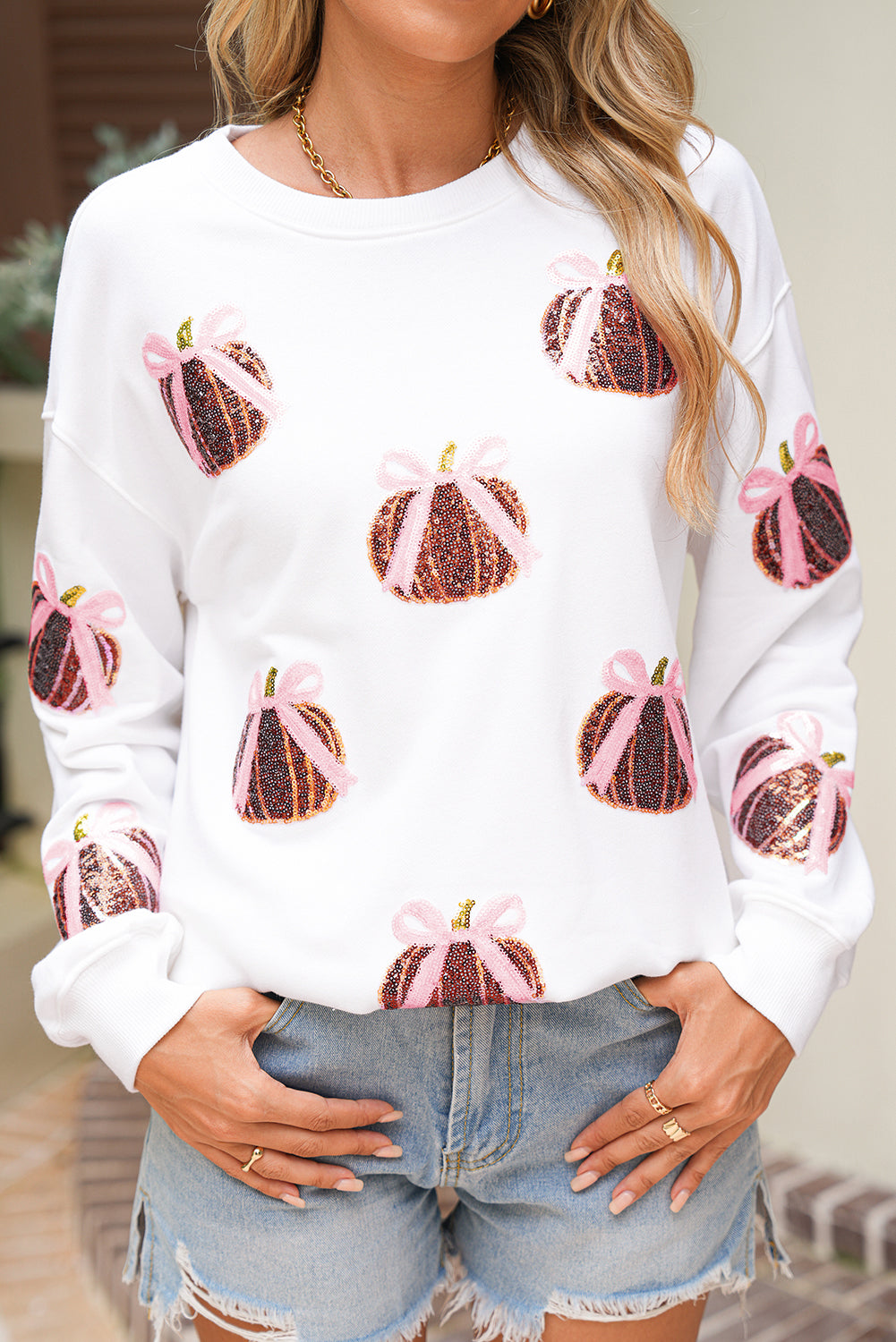 White Sequin Bow Pumpkin Patched Cotton Baggy Sweatshirt 951198b610126262