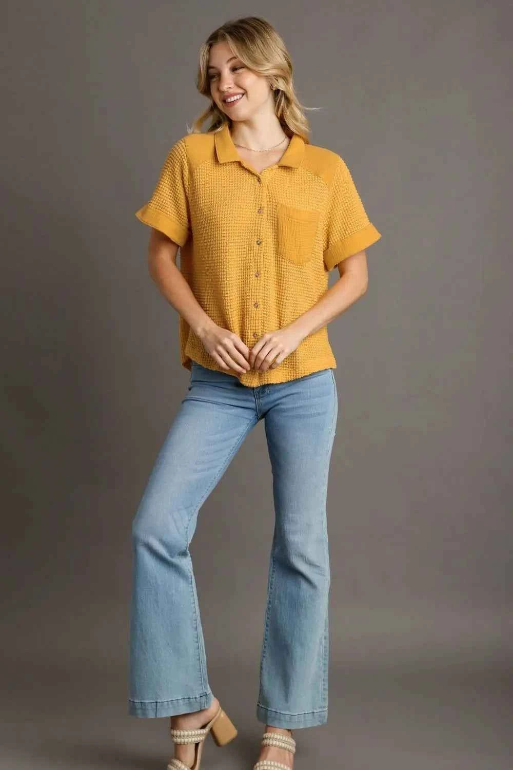 Umgee Full Size Waffle-Knit Short Sleeve Button Down Shirt Plus Size 9515e723-5090-493c-aab0-30d5186c13a4-Max