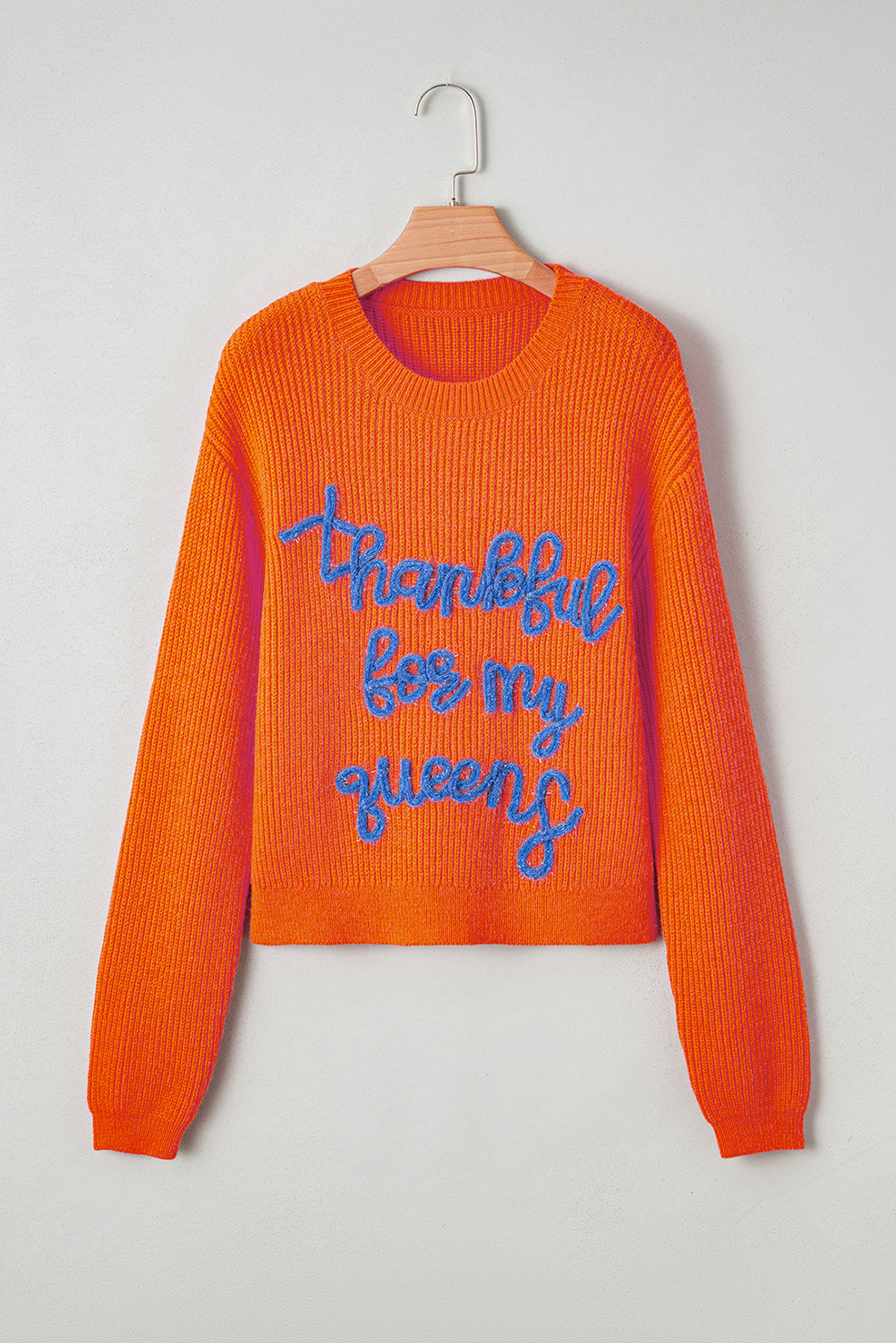 Vitality Orange Thankful for my queens Ribbed Knit Drop Shoulder Graphic Sweater 951bfa66b81754c9