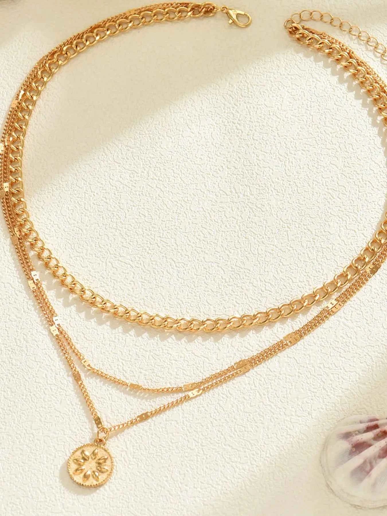 18K Gold-Plated Layered Necklace with Sun Medallion Pendant 95211a58-a7f6-4846-b0a7-26804804cccb-Max-Origin
