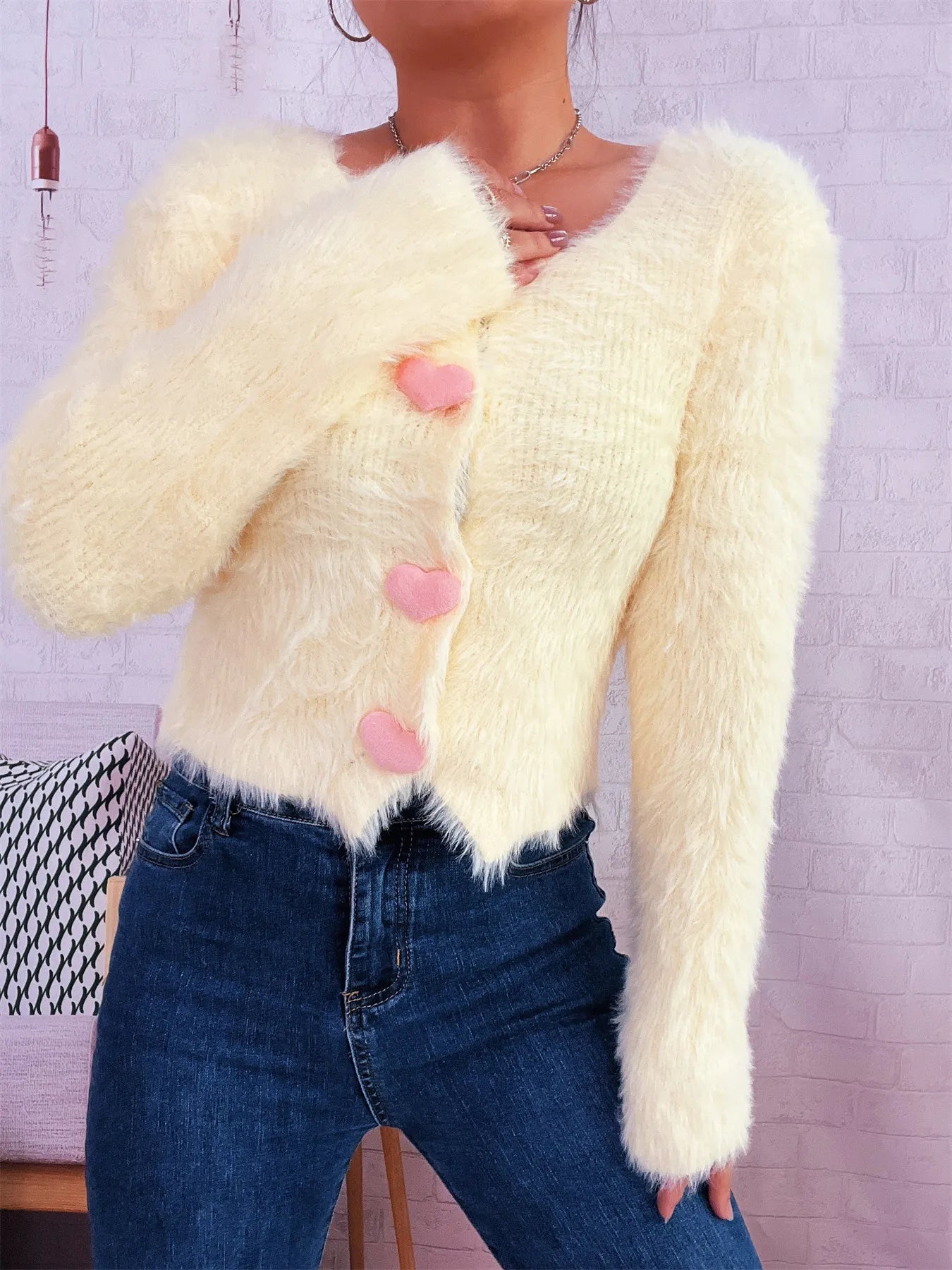 Fuzzy Heart Shape Button-Up Cardigan 9524317cb90a41858137947faa5f5f16-Max-Origin