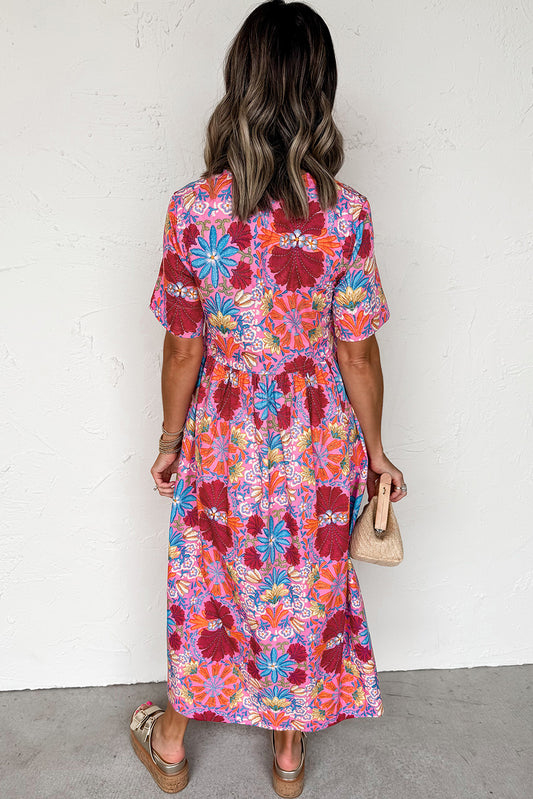 Rose Floral Print Tie Front High Waist Loose Midi Dress 95261ec0784bf177