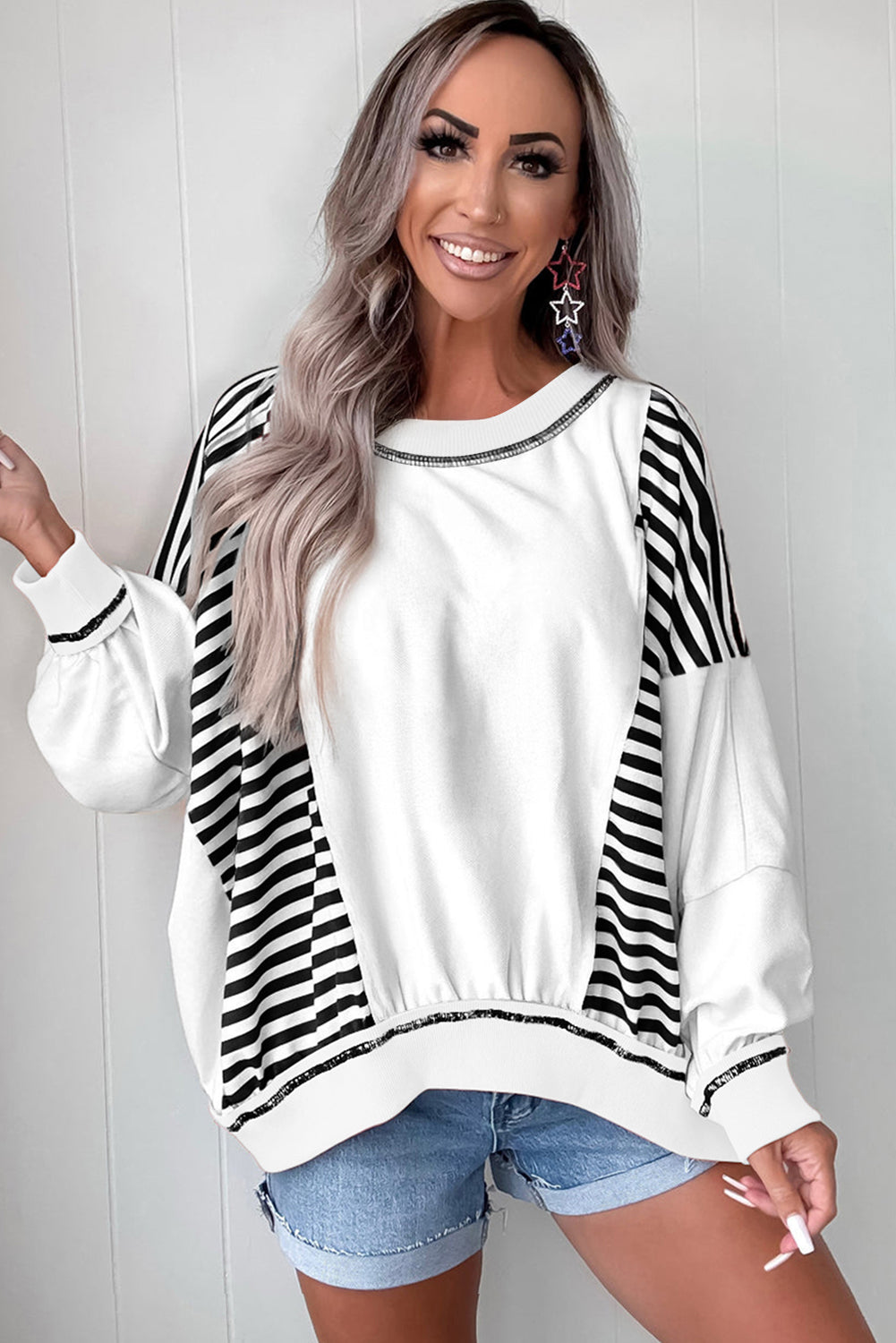 Red Striped Colorblock Patchwork Oversized Sweatshirt 952ddff3f988a9a7