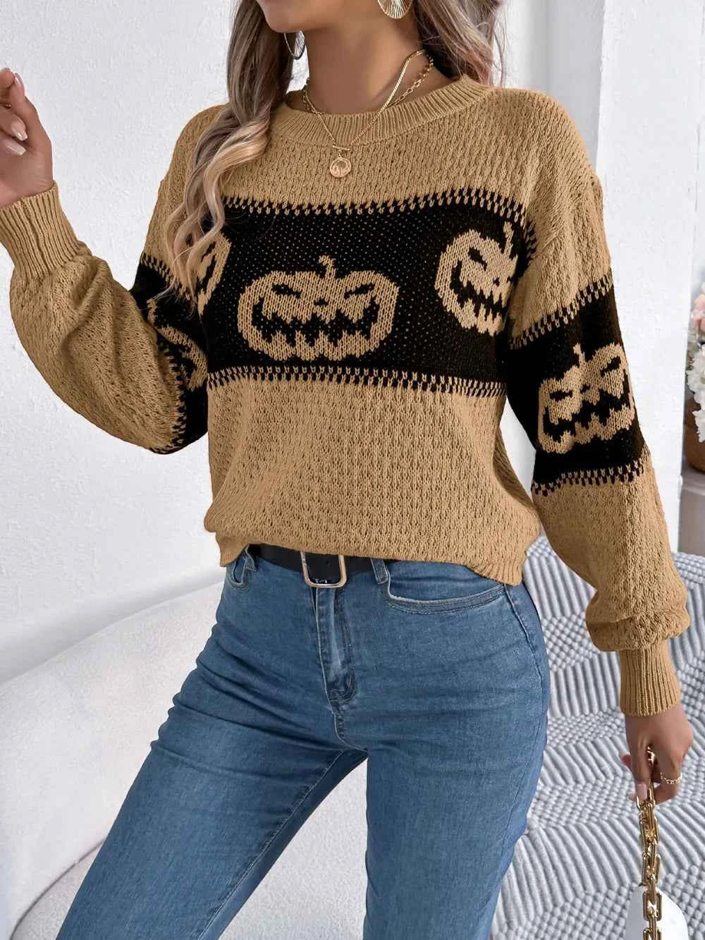 Pumpkin Round Neck Long Sleeve Sweater 95306cd6-2216-4bd6-9812-0e9c78d0a90d-Max