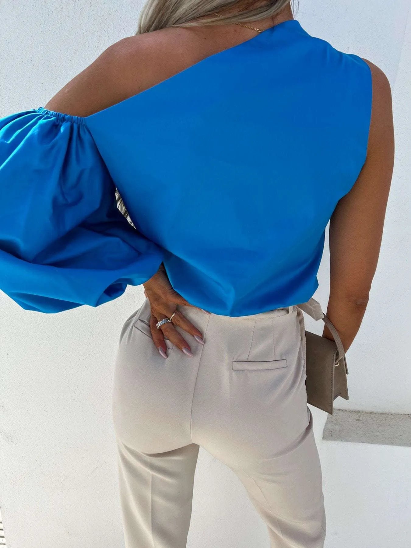 One Shoulder Puff Sleeve Blouse Blue 95397b946cba4268b7e93f59e8521a4f-Max-Origin