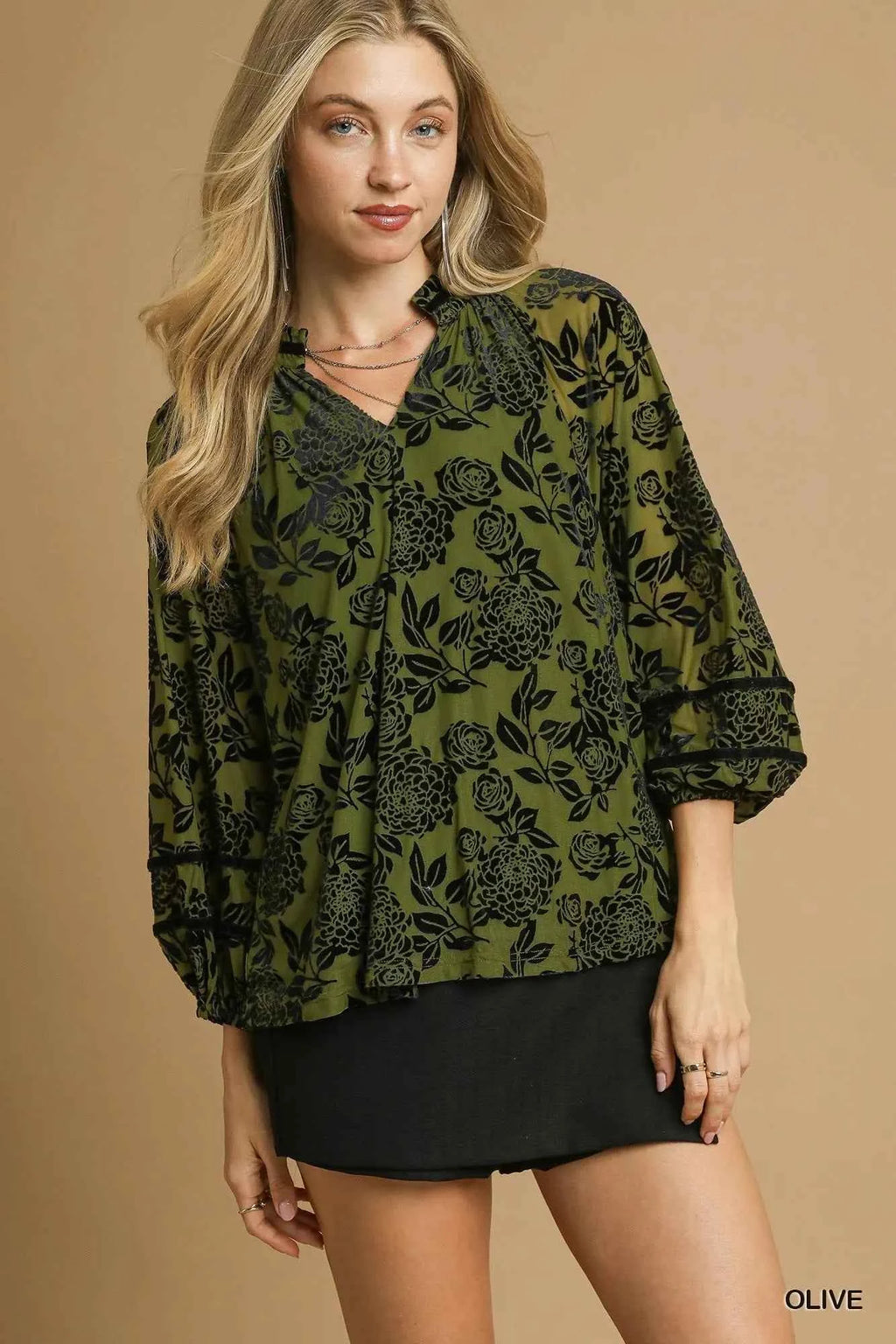 Umgee Full Size Floral Velvet Blouse with Balloon Sleeves Plus Size Olive 953a0be5-543b-4787-b319-4854ec812786-Max-Origin