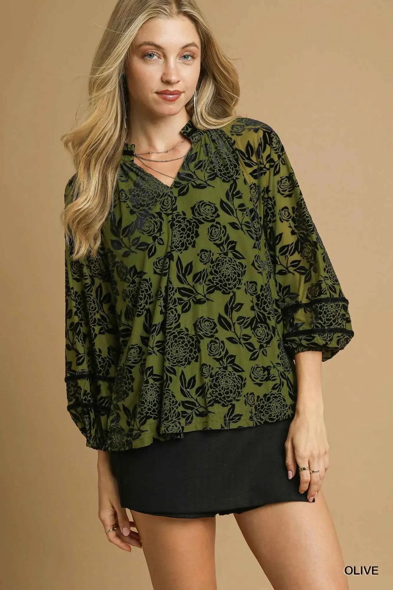 Umgee Full Size Floral Velvet Blouse with Balloon Sleeves Plus Size Olive 953a0be5-543b-4787-b319-4854ec812786-Max-Origin