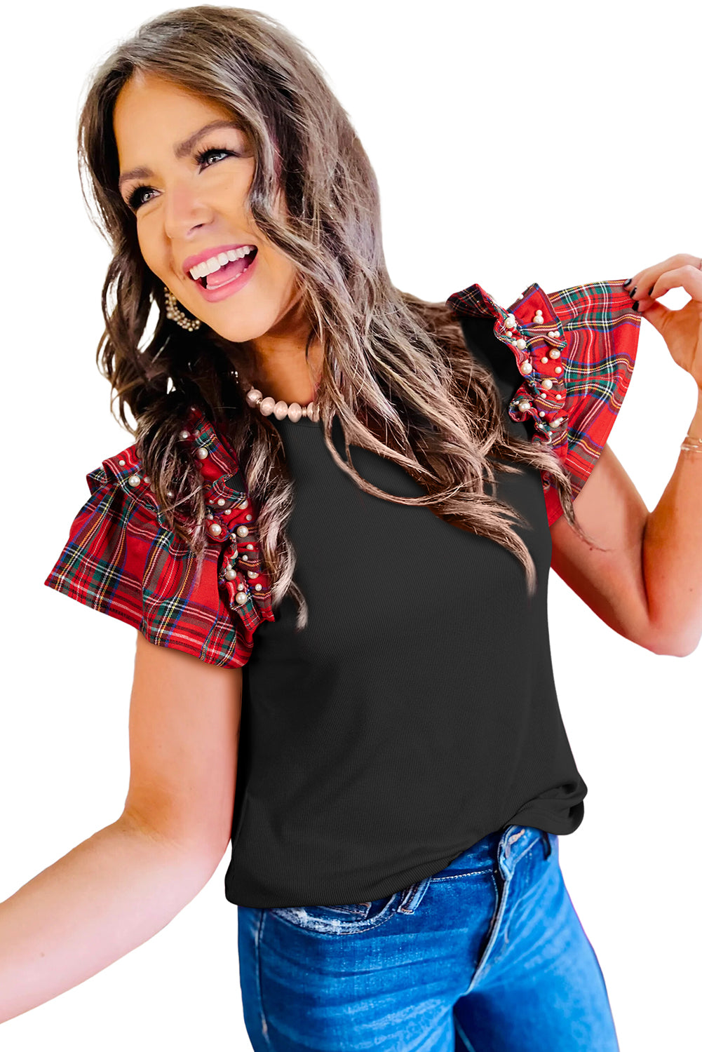 Racing Red Pearl Plaid Ruffle Sleeve Loose T Shirt