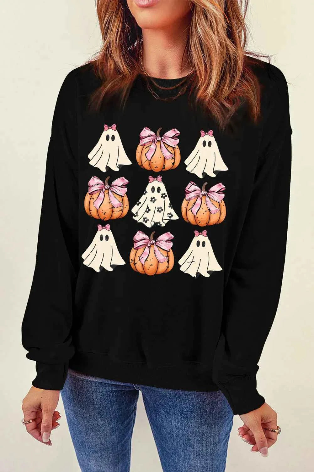 Pumpkin & Ghost Round Neck Long Sleeve Sweatshirt Black 9543e466-aced-4394-b452-2715f572b21b-Max