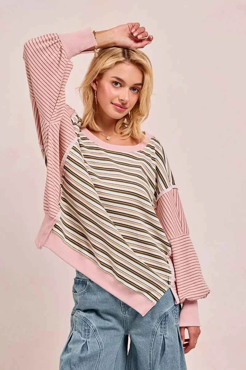 BiBi Stripe Mixed Top With Cut Edge And Reverse Outseam 95450328da9948c38f28c1800bf57f9f-Max-Origin