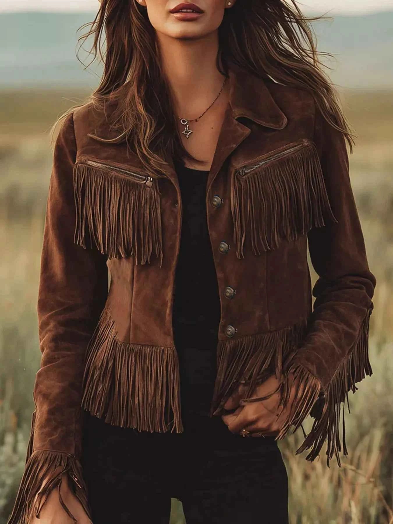 Suede Fringe Button Up Jacket Brown 954637305d4b47ebaf8f45224647266c-Max-Origin