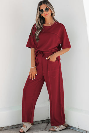 Racing Red Drop Shoulder Boxy Tee and Barrel Pants Set Racing Red 80%Polyester+20%Cotton 9546d06610b04fd2