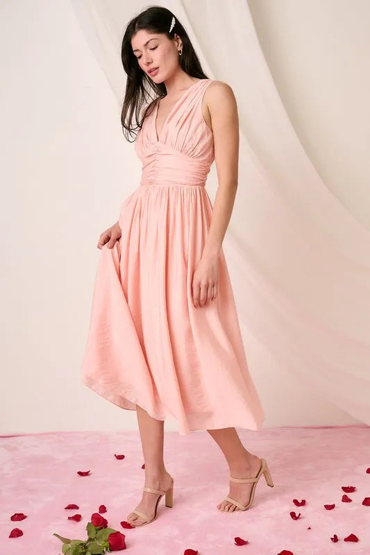 Mittoshop Ruched V-Neck Sleeveless Midi Dress 954a18bf-8377-4532-b0b1-22e1b4dc8ac3-Max