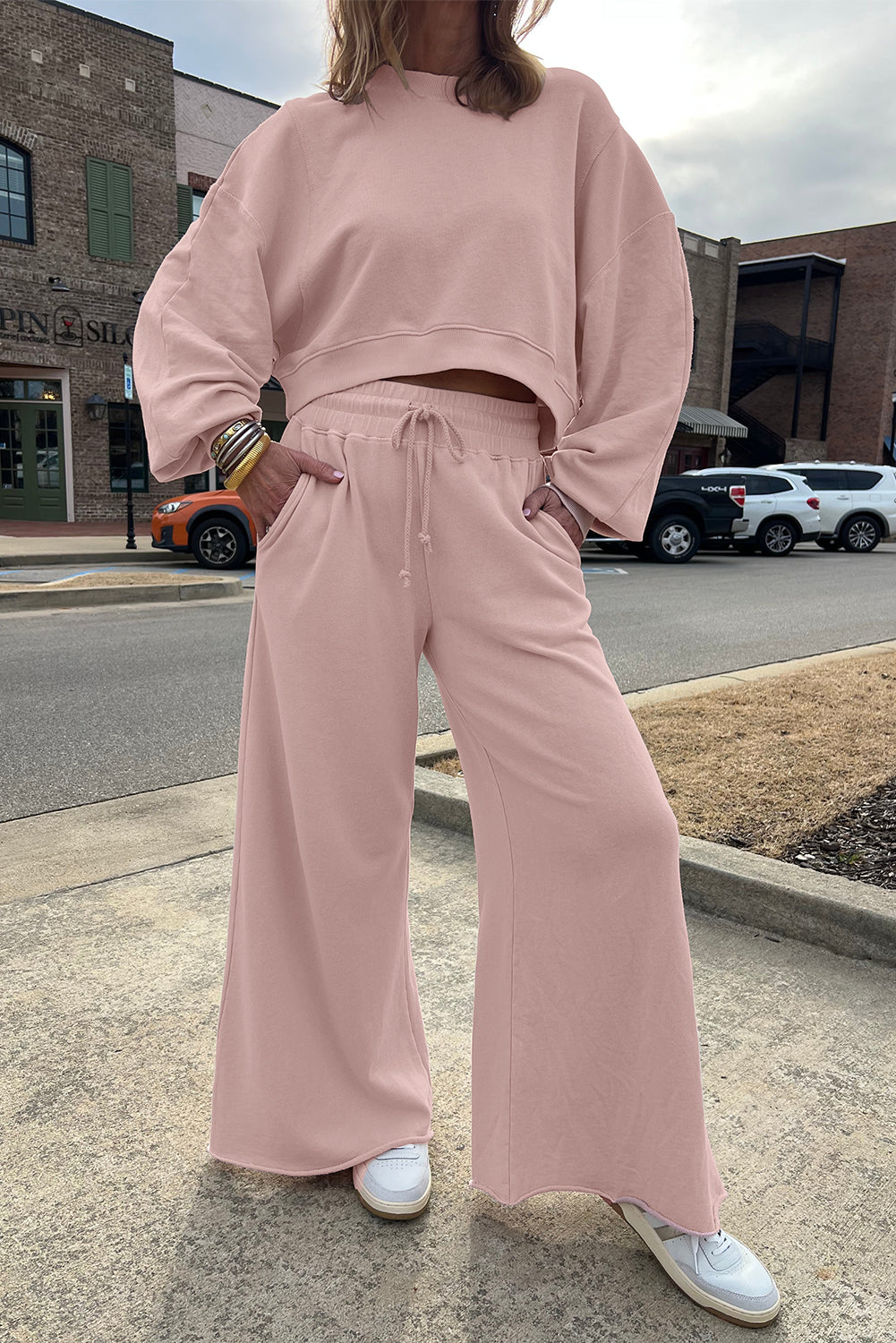 Flamingo Drop Shoulder Crop Pullover Drawstring Wide Leg Pants Set 954e2775a296832c
