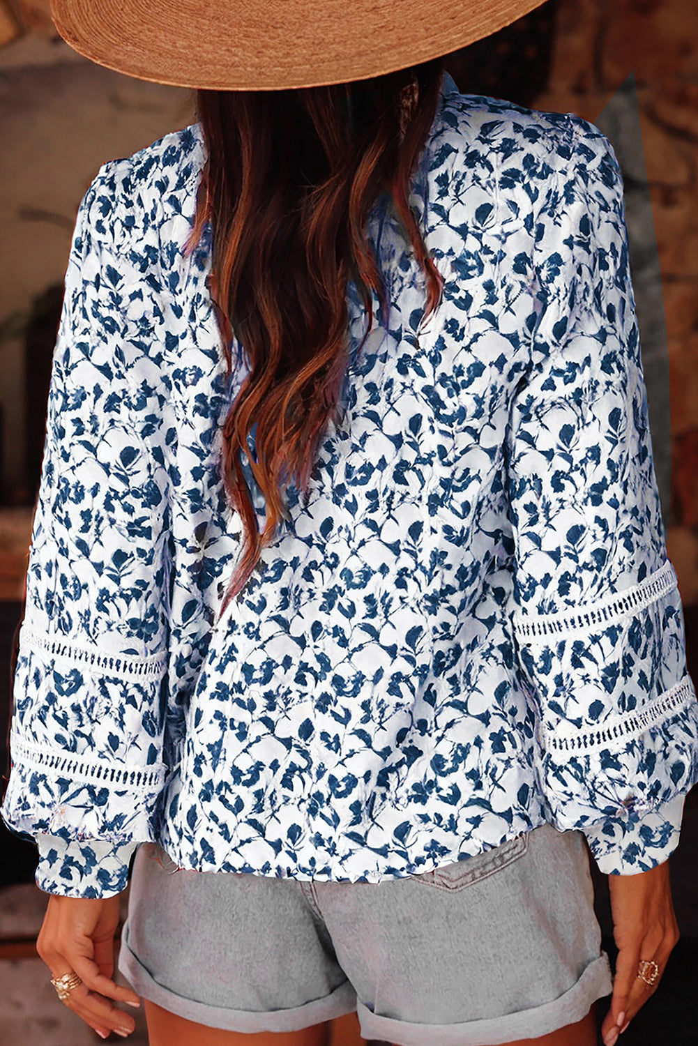 Blue Floral Print Lace Detail Puff Sleeve Shirt 955036469c837a83