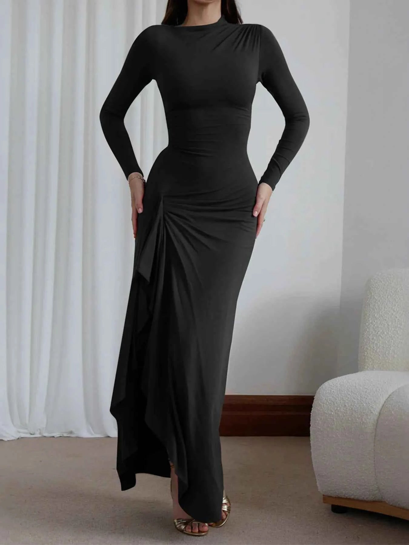 Ruched Long Sleeve Maxi Dress 955142b717d94b53bf15581da8f88bea-Max-Origin