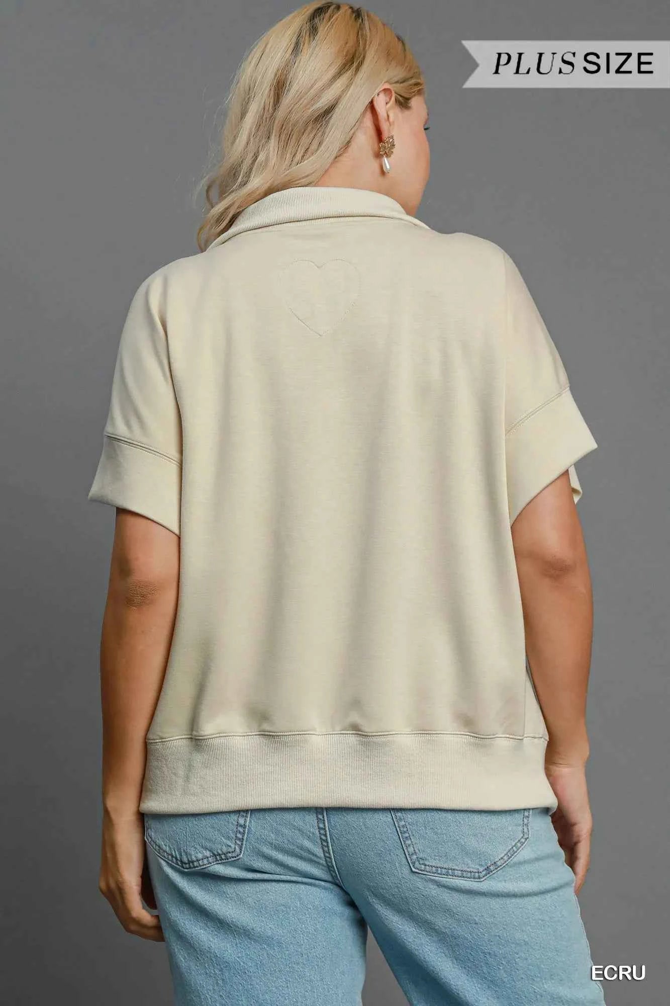 Umgee Full Size Half-Zip Short Sleeve Top Plus Size 9551b138-0c2e-468b-a340-7ffd33d675ca-Max-Origin