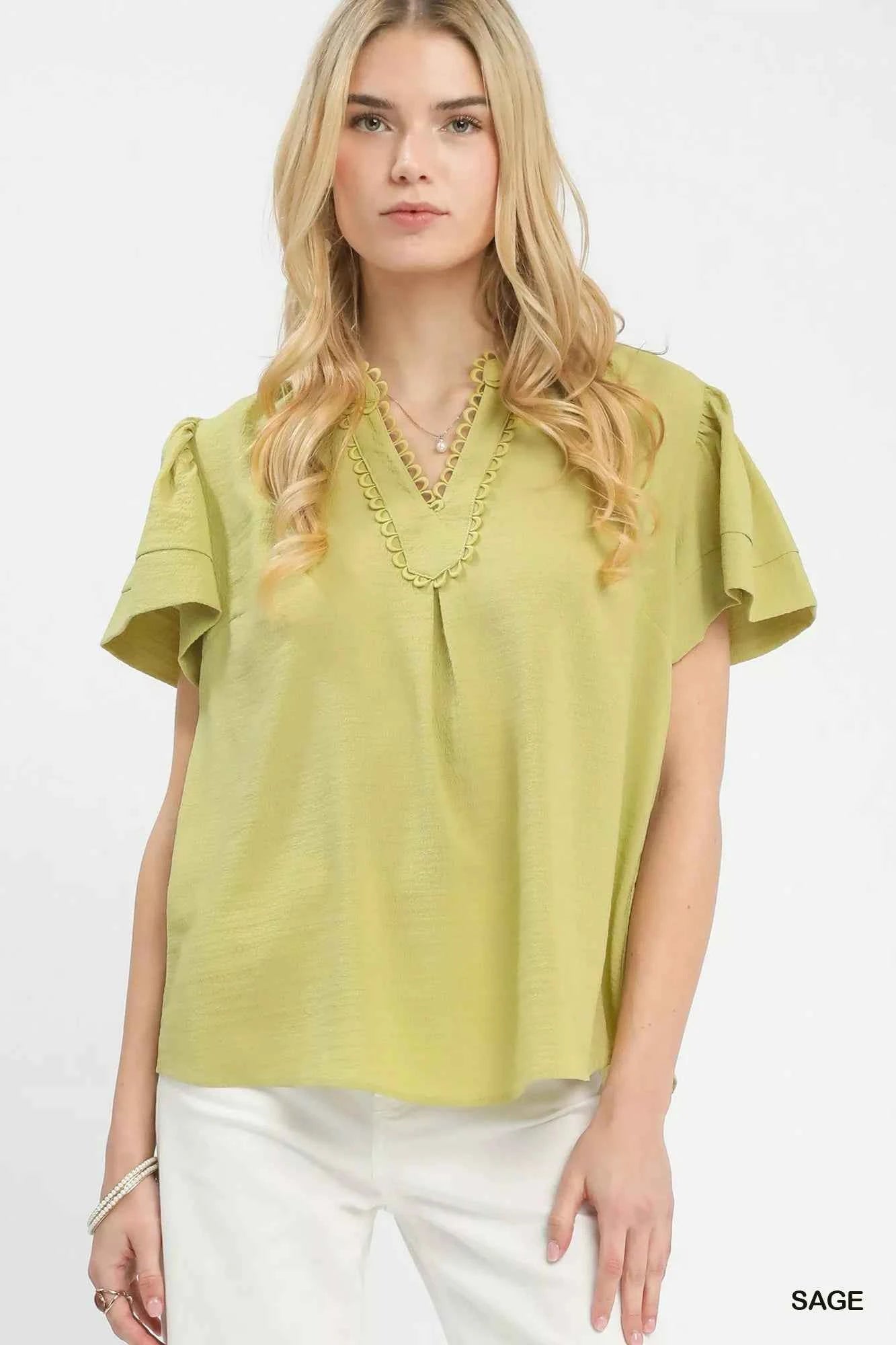 Umgee Seersucker Short Sleeve Top with Lace Trim SAGE 9552b7e6-8357-4110-8efc-596b7a4918e7-Max-Origin