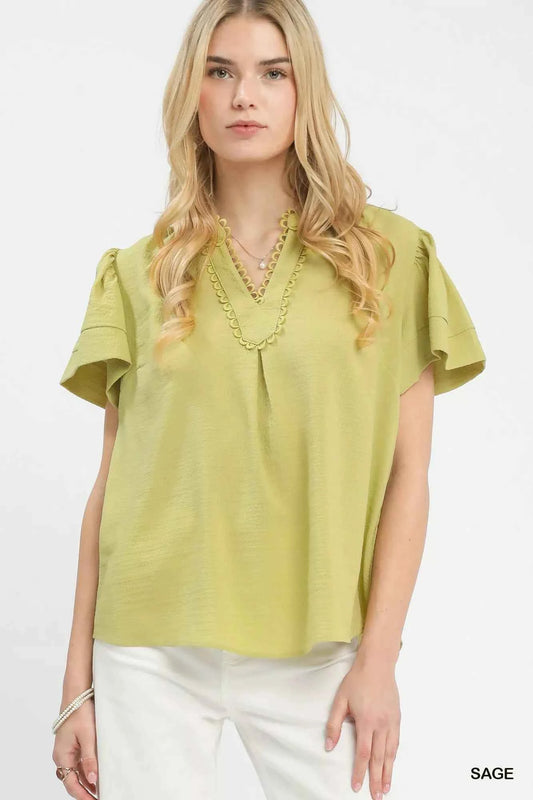 Umgee Seersucker Short Sleeve Top with Lace Trim SAGE 9552b7e6-8357-4110-8efc-596b7a4918e7-Max-Origin