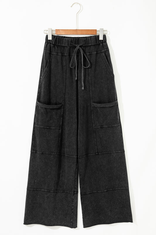Black Mineral Wash Exposed Seam Wide Leg Cargo Pants 95548556c8fa97f9
