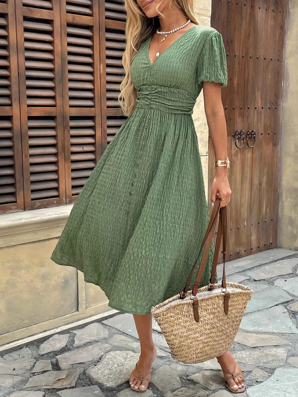 Textured V-Neck Short Sleeve Dress Matcha Green 9557d2ae-aaec-4714-949e-9f8c9a998761-Max-Origin