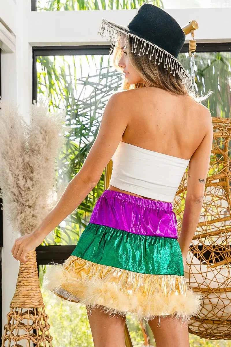 BiBi Faux Feather Hem Mardi Gras Metalic Mini Skirt 955df997dee24018bcd44d6a4f13aca4-Max-Origin