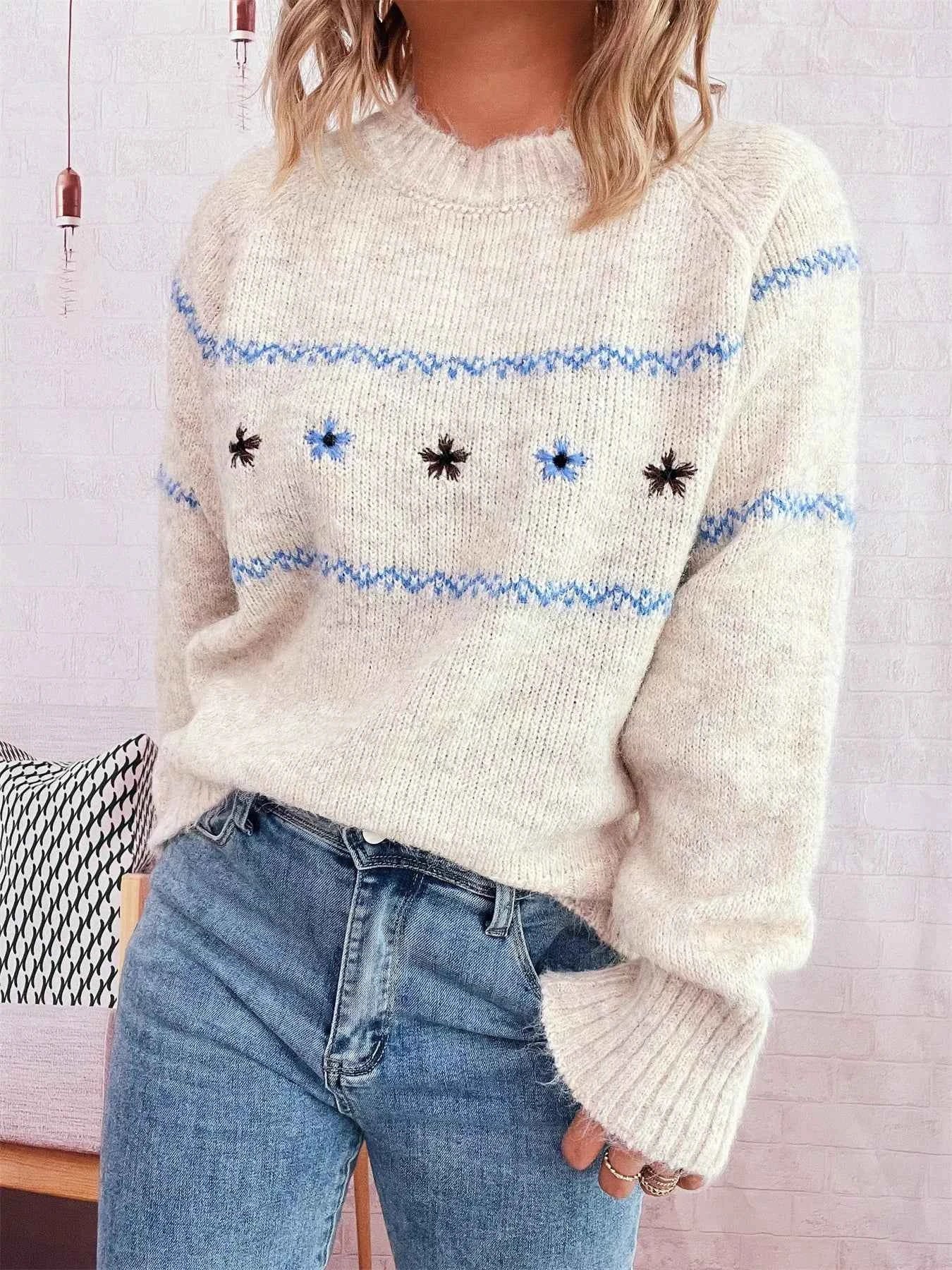 Ribbed Hem Flower Long Sleeve Sweater 95613b0644e64ffa857ad150a6bc1d90-Max-Origin