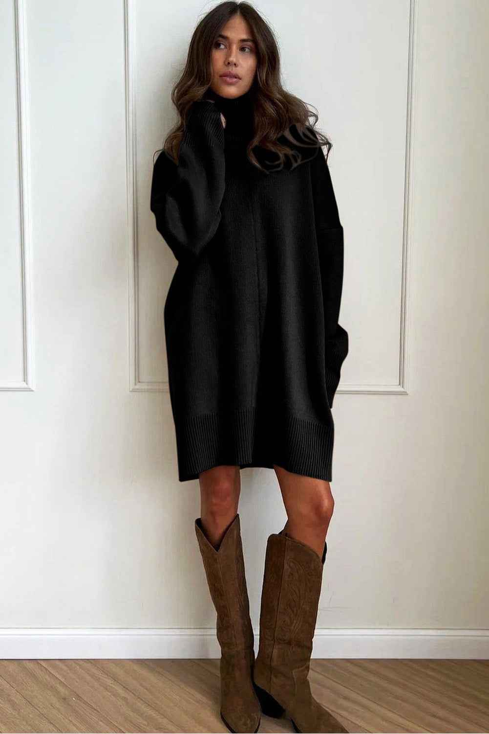 Black Solid Color Turtleneck Drop Shoulder Loose Sweater Dress 956163f729b54412