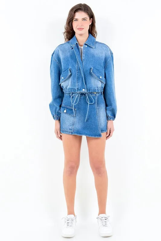 Cropped Denim Jacket with Waist Strap - Drop Shoulder Plus Size 9562d49c-ca6a-45b2-8c1c-c981bef8d8c0-Max