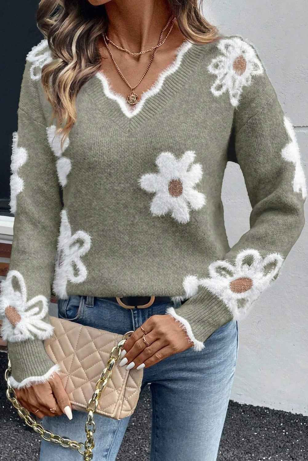Seagrass Jacquard Floral Scallop V-neck Sweater 95642ab00e97629f