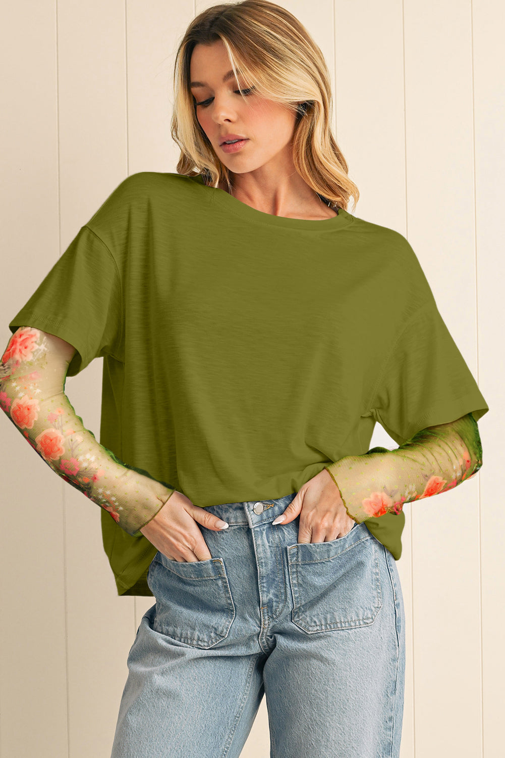 Black Floral Mesh Sleeve Fake Two-Piece Top Fern Green 65%Polyester+30%Viscose+5%Elastane 956516e7277cda41