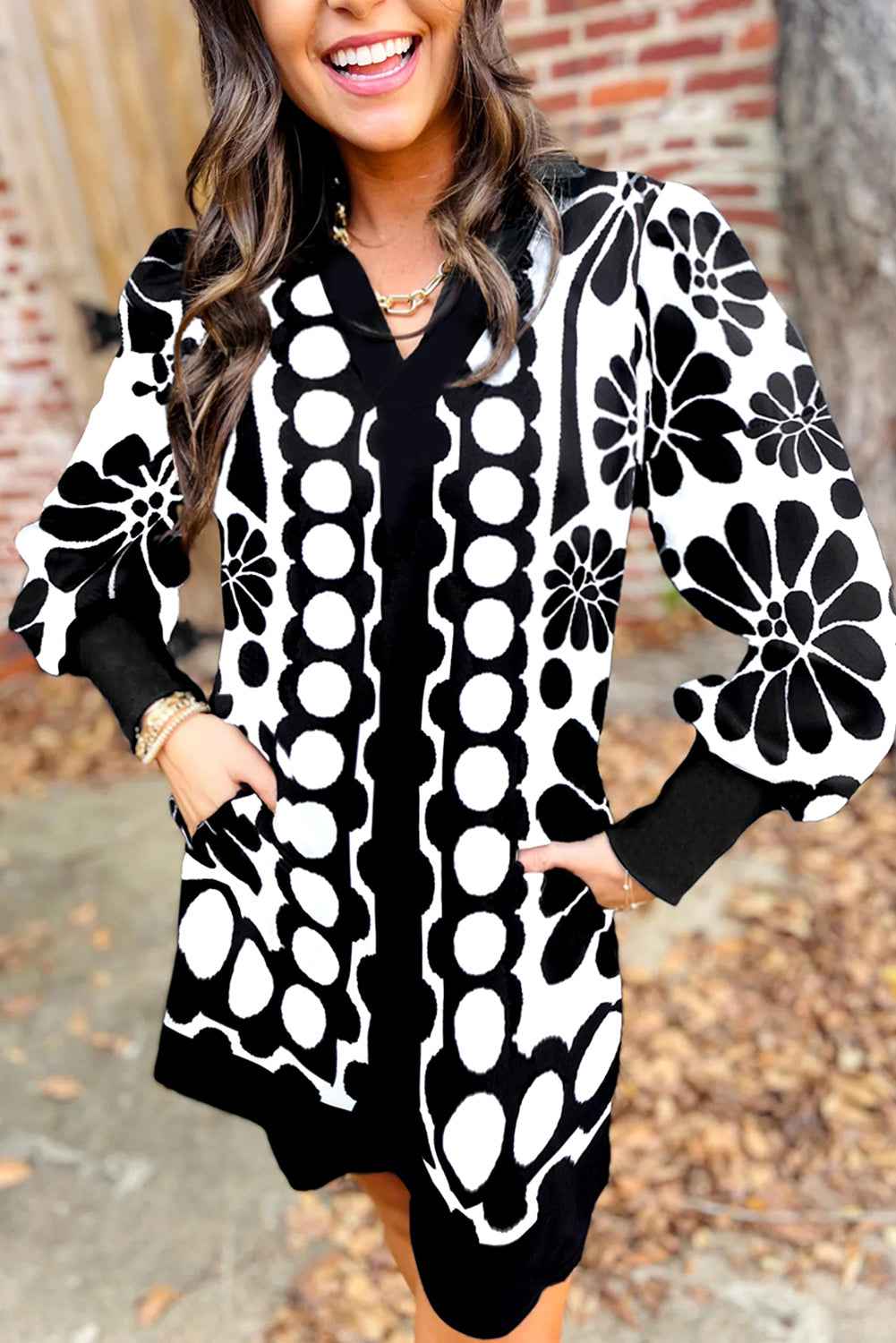 Black Abstract Print V Neck Puff Sleeve Mini Dress Black 100%Polyester 9565f136c4122f92