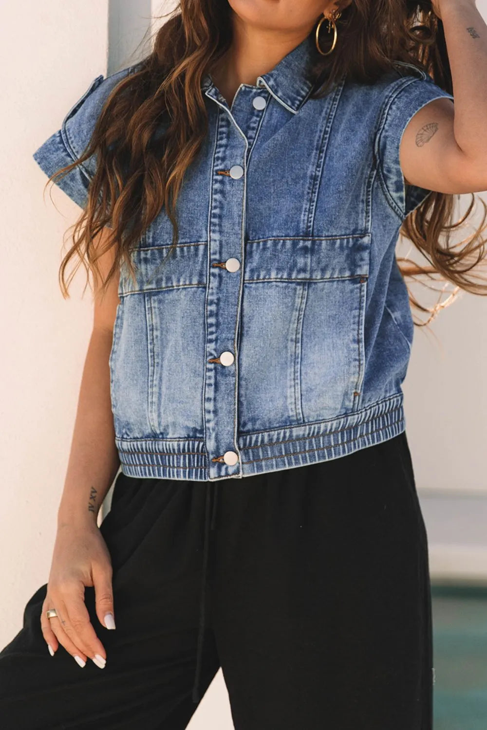 Button Up Cap Sleeve Denim Jacket 9567995b-b915-4255-83f8-27b68dccffa4-Max-Origin