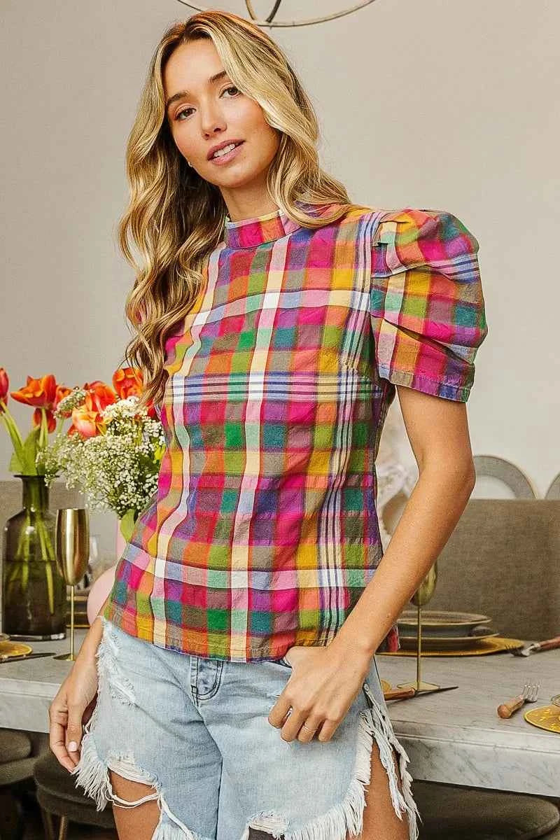 BiBi Short Puff Sleeve Washed Vintage Plaid Top 95699d8a03f74f528e03f2d1c043d723-Max-Origin