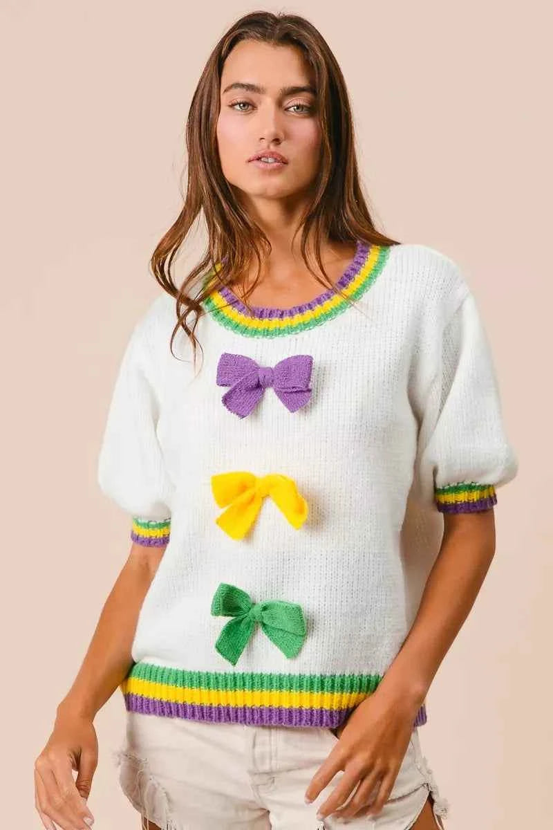BiBi Short Puff Sleeve Ribbon Bow Mardi Gras Sweater 956c83506b3f491c8e3b378cda306bee-Max-Origin