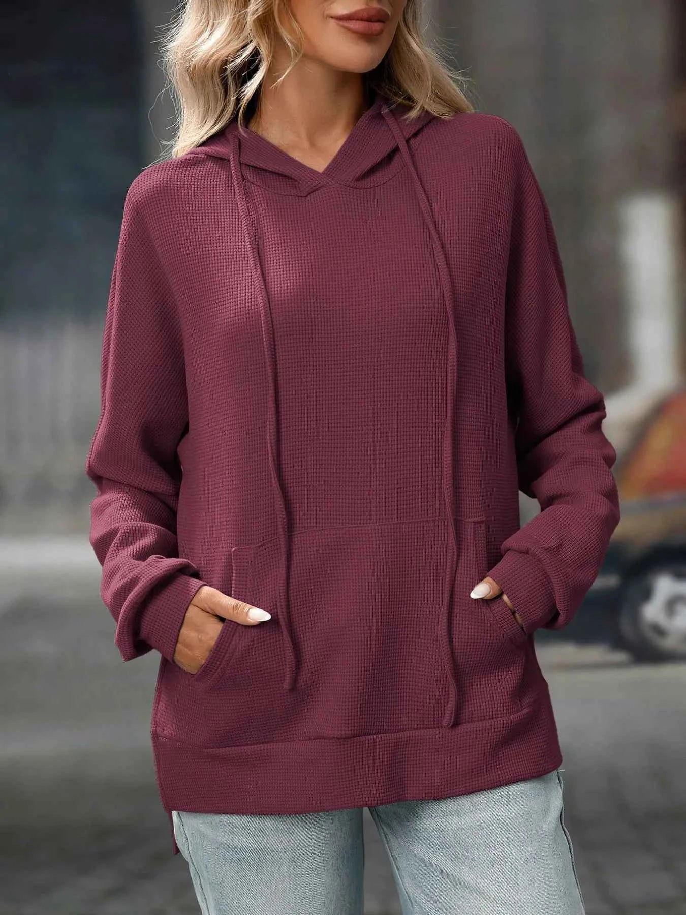 Textured Drawstring Long Sleeve Hoodie 956f3bc6-49ba-48a9-bb95-efe5702266b4-Max-Origin