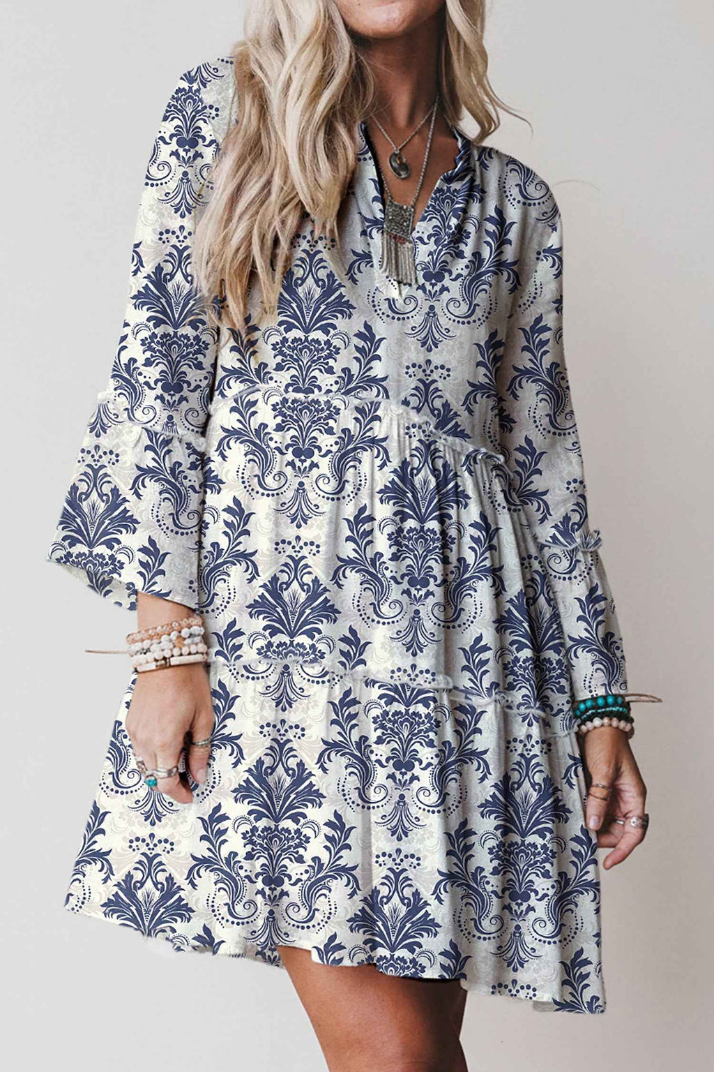 Sky Blue Boho Floral Print Lettuce Trim 3/4 Sleeve Mini Dress Sky Blue 100%Viscose 956f814378eb4914