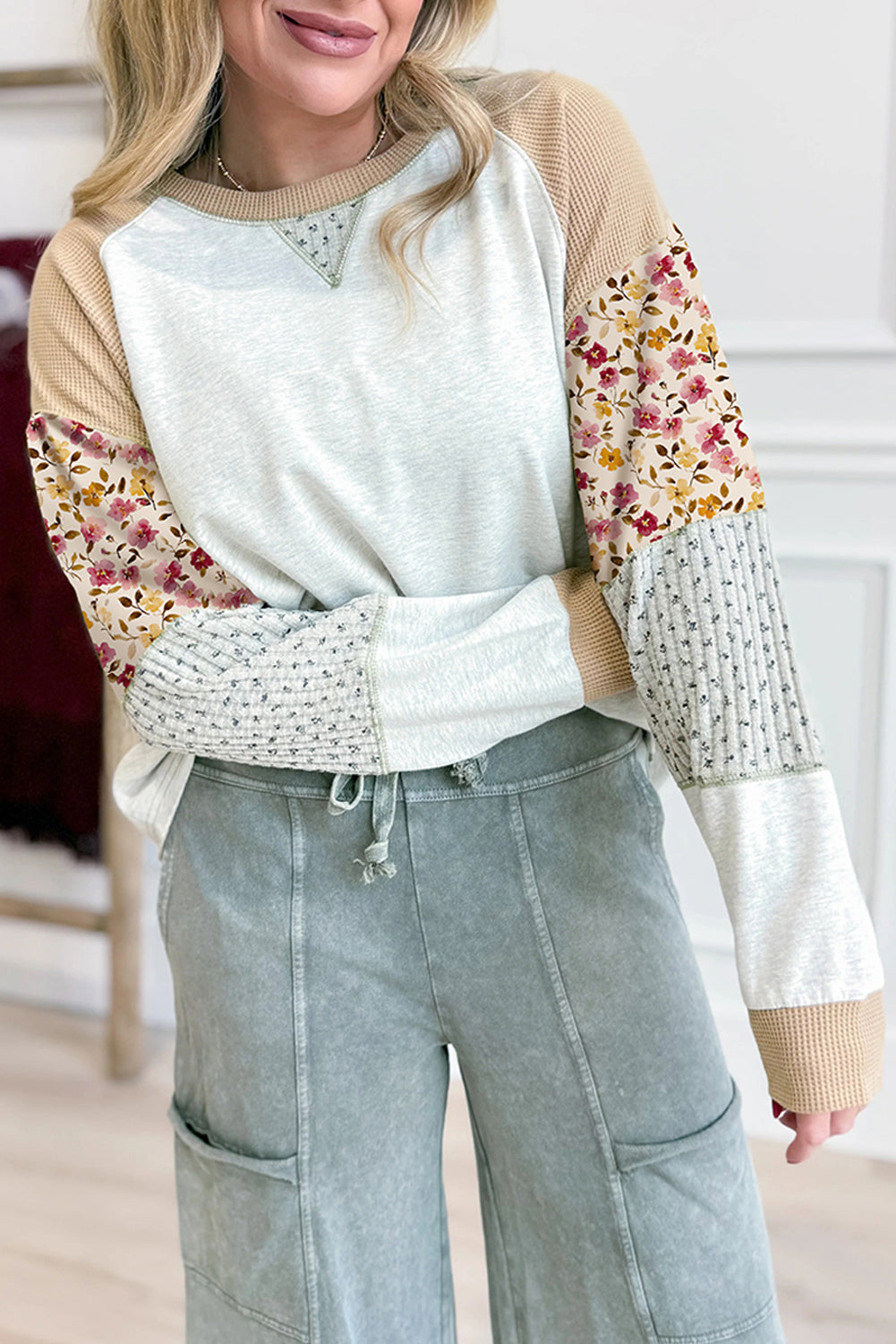 Light Grey Mixed Print Raglan Sleeve Patchwork Exposed Seam Pullover Top Light Grey 80%Polyester+15%Cotton+5%Elastane 9572624d75e52418
