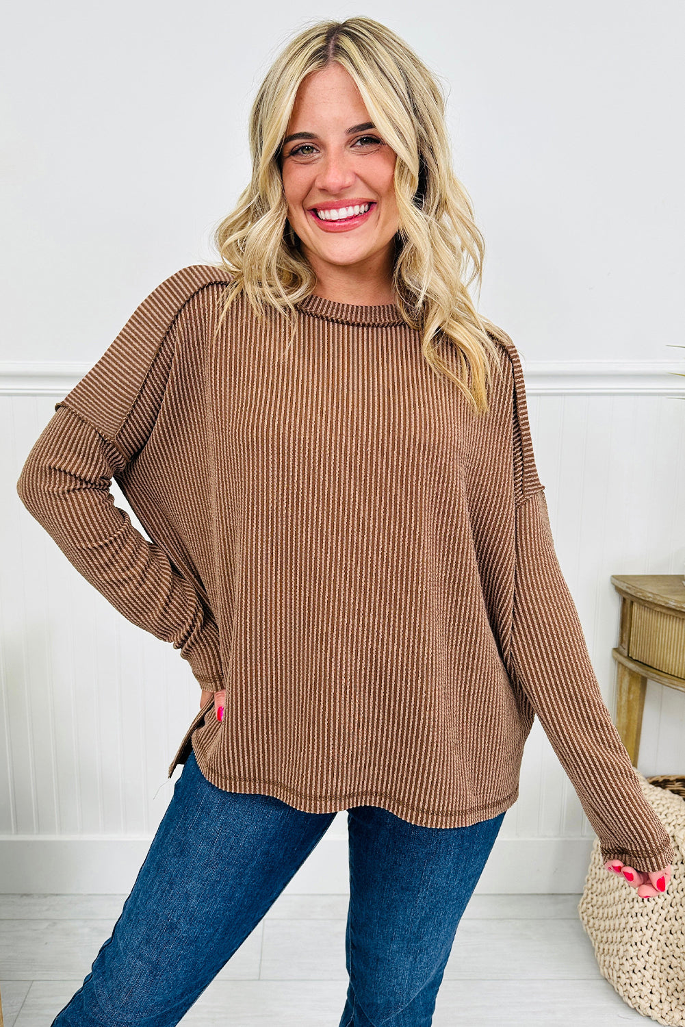 Green Bay Twisted Rib Exposed Seam Detail Long Sleeve Loose Top 957791d82bafb6d9