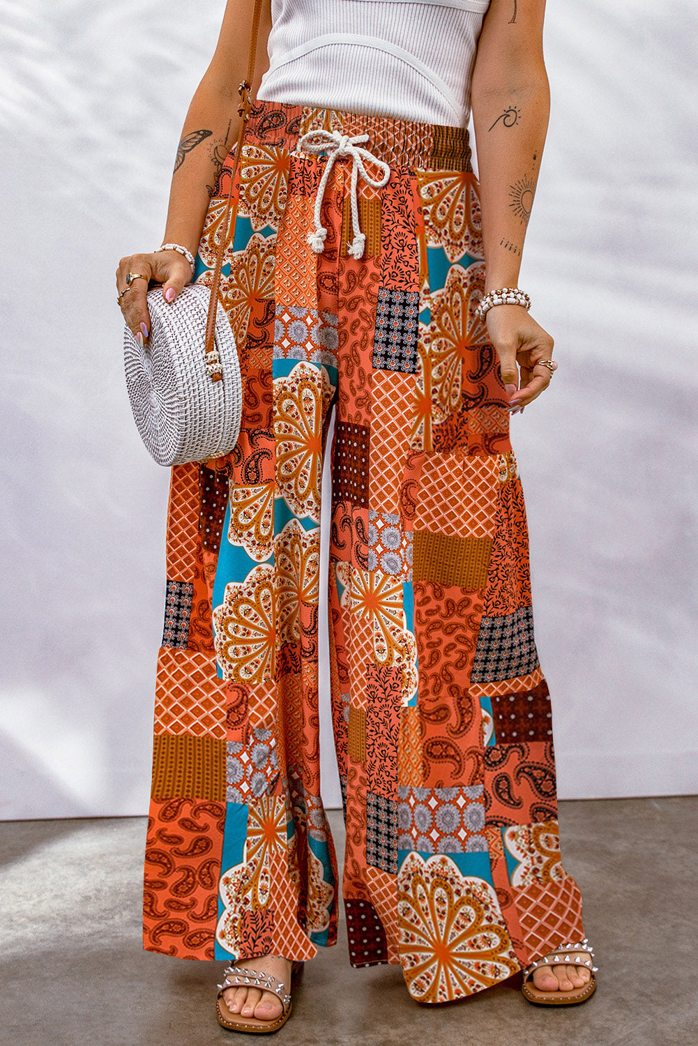 Bohemian Patchwork Drawstring Wide Leg Pants Orange 95792a3061204f61a9039ba997c24737-Max