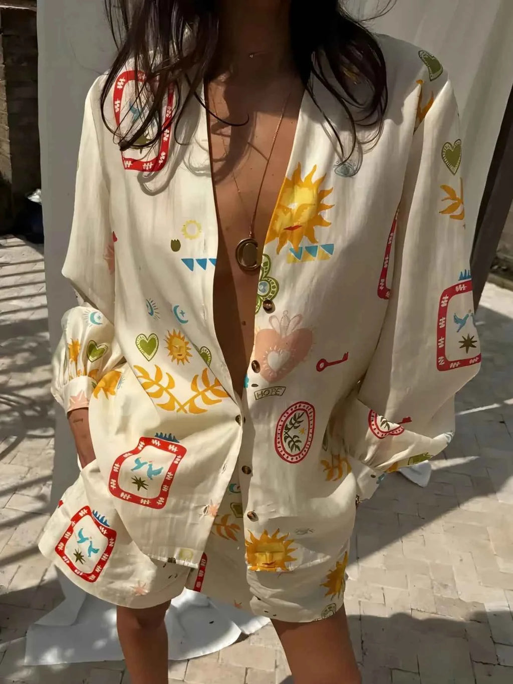 Printed Long Sleeve Shirt and Shorts Set Beige 9579f376-c6b0-4293-a79a-2f1a4b17ced7-Max-Origin