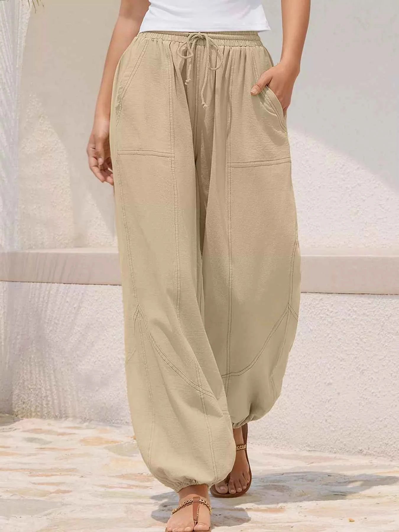 Wide Leg Drawstring Pants Apricot 9582a146-3a85-4989-9ef7-362262f5e15e-Max-Origin