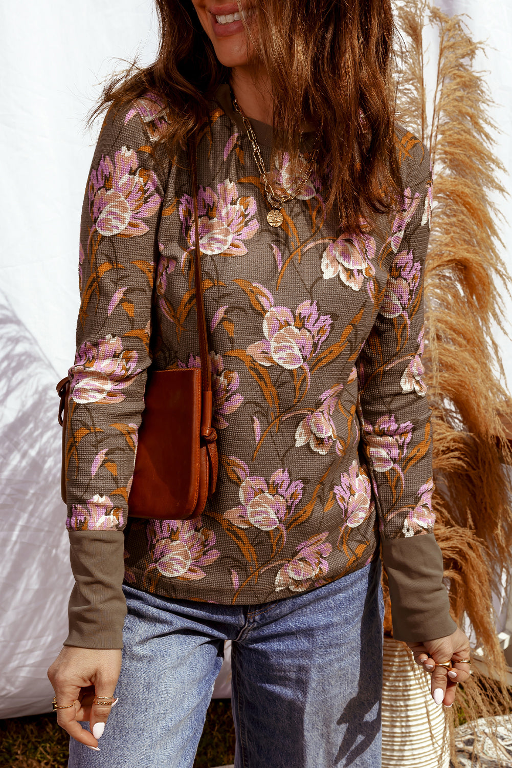 Brown Floral Print Waffle Textured Long Sleeve Top 9585985102331f1c