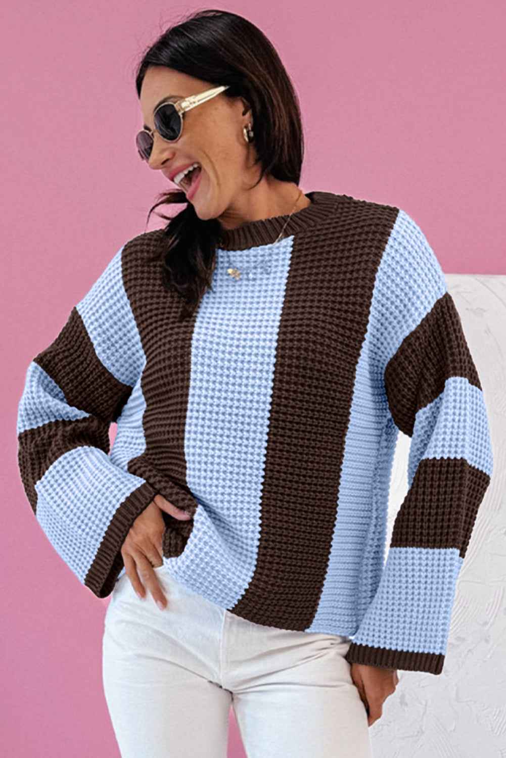 Myosotis Striped Color Block Thermal Textured Knit Drop Shoulder Sweater 9585f76b6bb73a67