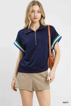Umgee Zip Front Casual Top with Contrast Stripe Trim NAVY 95892ced-4265-42d8-b20c-5bc5a98482f1-Max-Origin