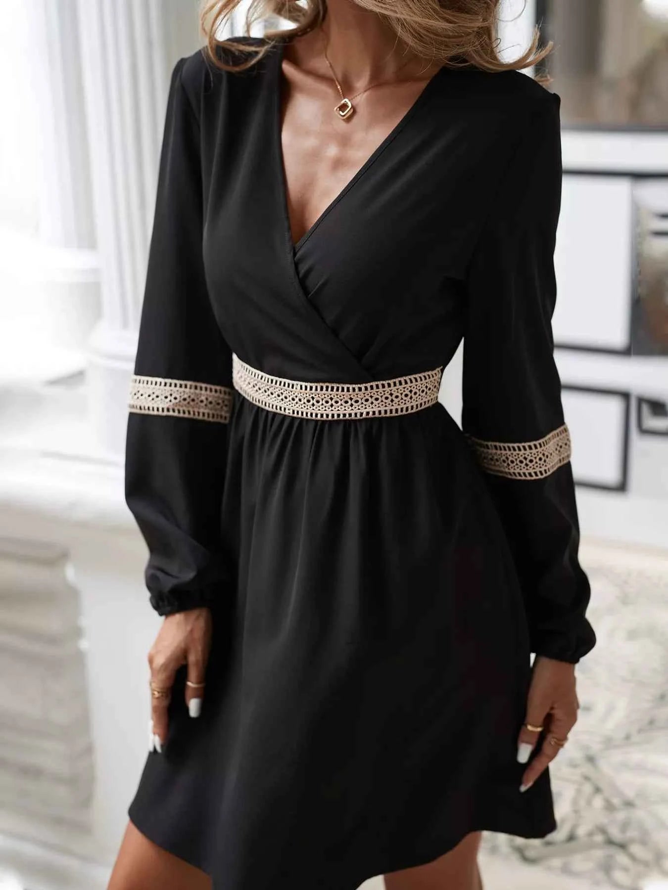 Surplice Balloon Sleeve Dress Black 958d3167-98b7-4fc7-9765-8f46df17a66a-Max-Origin
