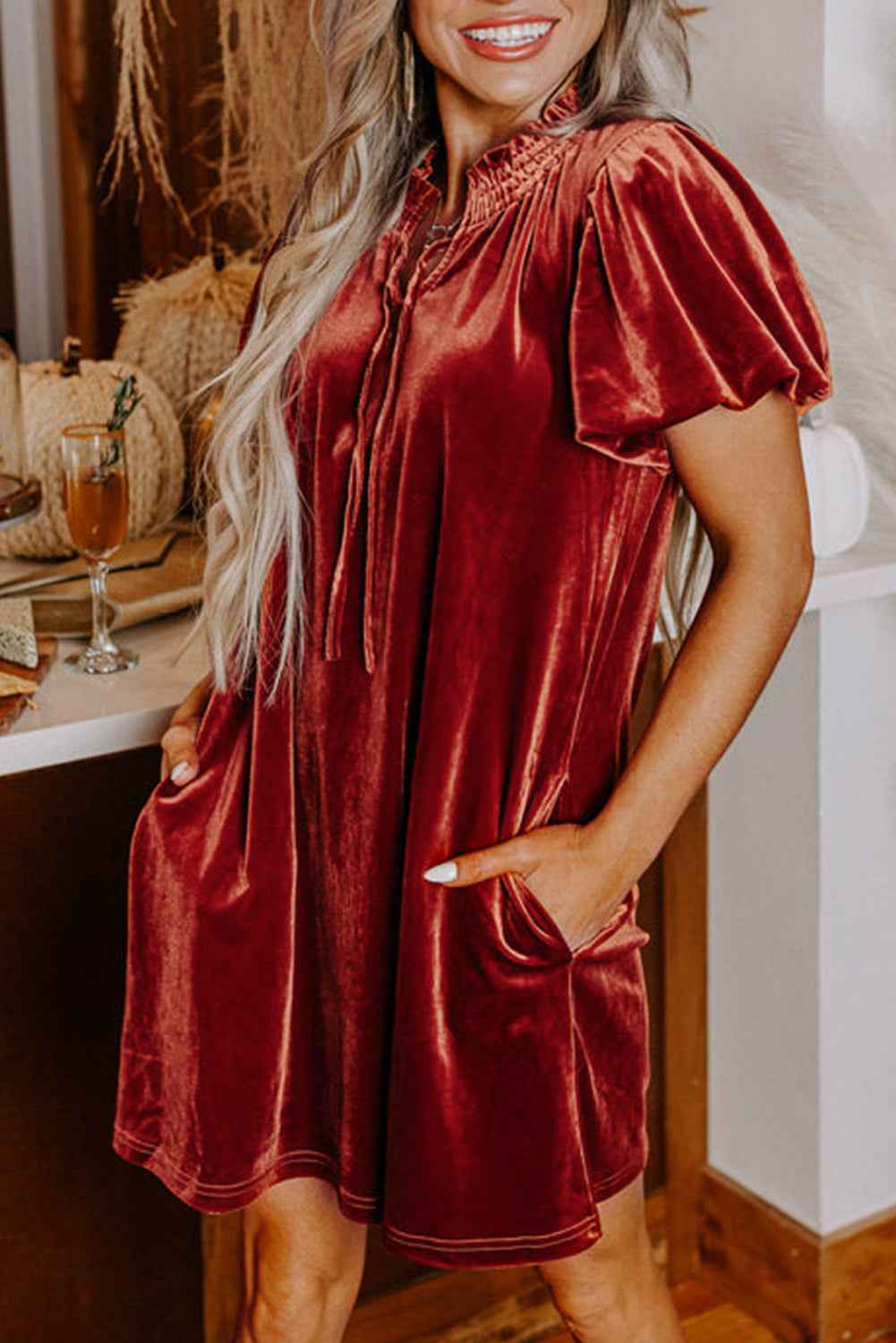 Cinnamon Velvet Smocked Neckline Puff Sleeve Shift Mini Dress 959003fc558214ae