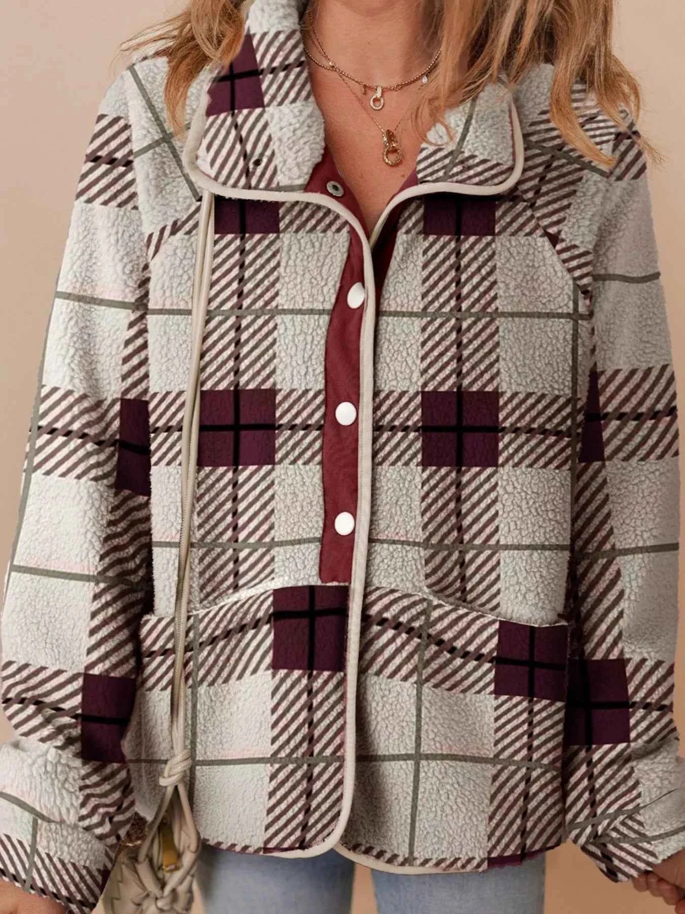 Plaid Buttoned Stand Collar Fleece Jacket Plaid 9590c636-8a82-4c7a-948e-476460465e4a-Max-Origin
