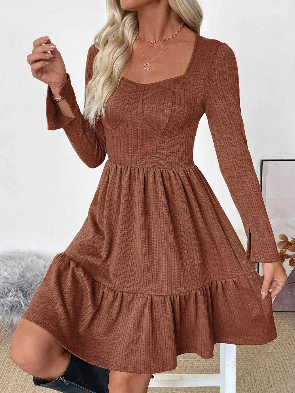 Ruffled Hem Long Sleeve Knit Dress 9595c2adf530467d90e94bad6ccbfb57-Max-Origin
